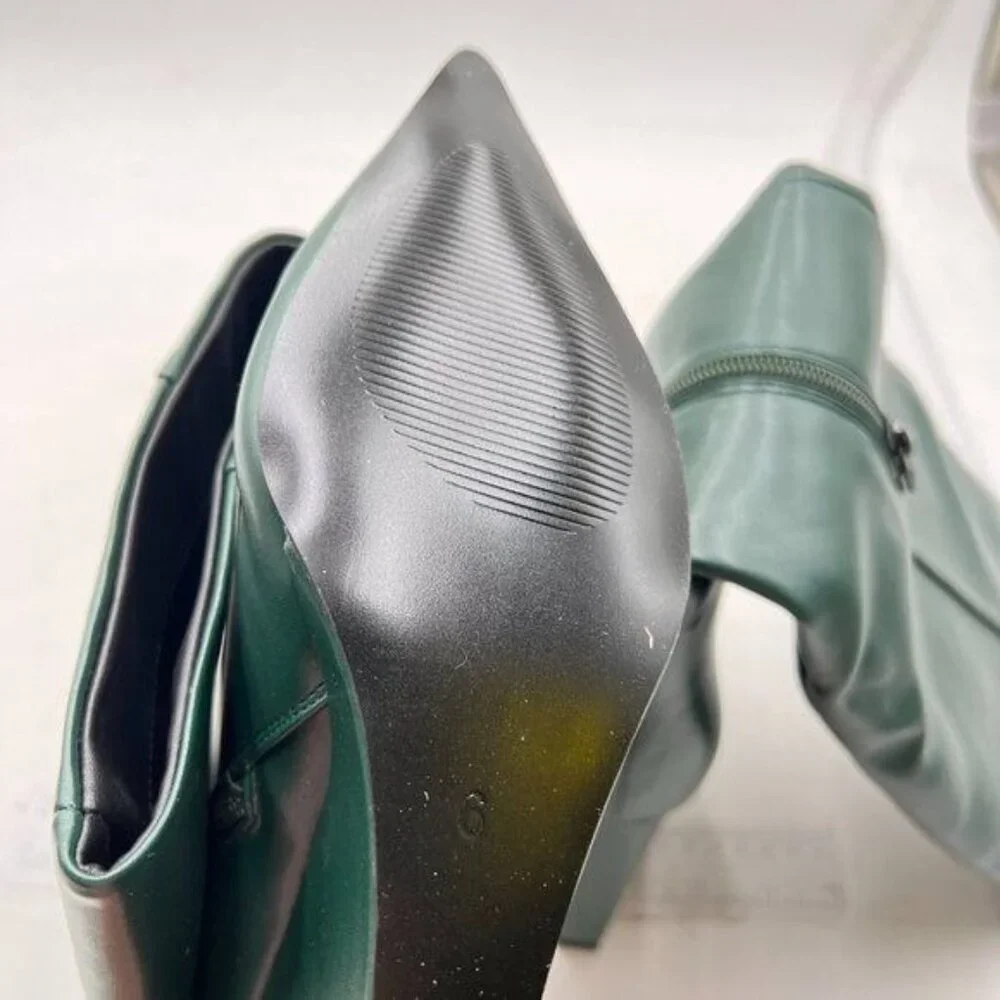 miss left Women Wide Calf Knee High Boots Pointed Toe Wedge High Heels Green